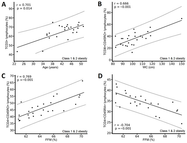 Correlation between immunological variables and metabolic and clinical variables of the class 1 and class 2 obesity group.
