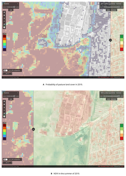 Screenshot of the EcoDataCube.eu data viewer showing (A): the probability of pasture land cover in 2019 near Copenhagen, Denmark, and (B): Landsat-derived NDVI in the summer of 2019.