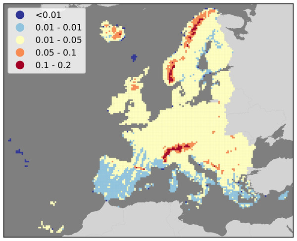 Map of average gap-filling NRMSE per 30 km tile in the study area.