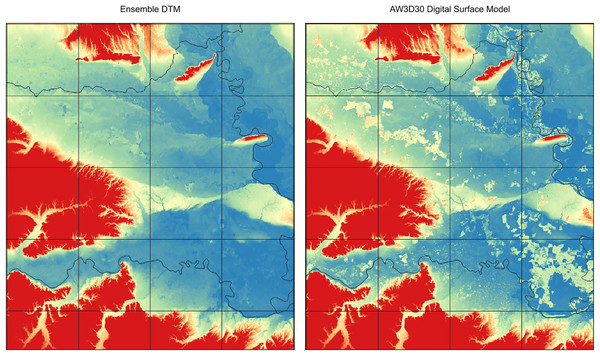 Comparison of ensemble DTM (left) and the AW3D digital surface model for the Pannonian plane in Eastern Croatia (right).