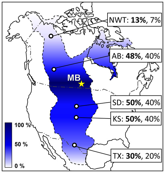Colorimetric map showing presence-absence vertebrate biogeography of the late Cenomanian to mid-Turonian Western Interior Seaway relative to the MB escarpment.