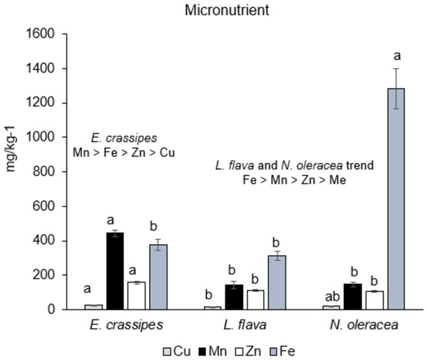 Micronutrient content in the three wild edible freshwater macrophytes.