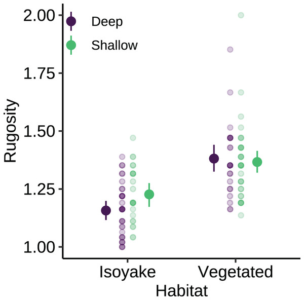 The benthic rugosity at the isoyake habitat and vegetated habitat.