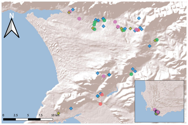 Fifty sampling sites in the Overberg region of South Africa.