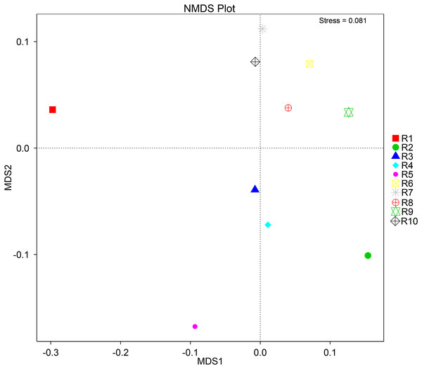 Multivariate analysis of the bacterial communities of each soil sample by non-linear multidimensional scaling (NMDS) to evaluate the dissimilarity between each associated community.
