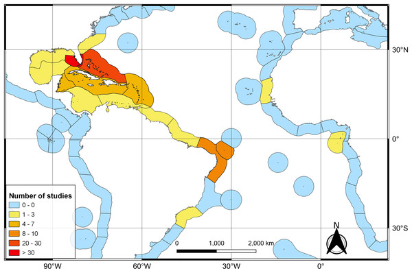 Heat map of the number of publications dealing with the Atlantic Nurse Shark Ginglymostoma cirratum per marine ecoregions of the world (MEOW).