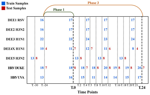 Detailed numbers of samples collected at different time points for each experiment.