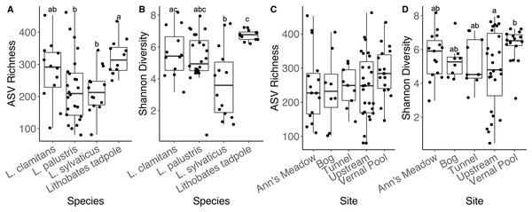 Alpha diversity plots for sampling locations and amphibian species.