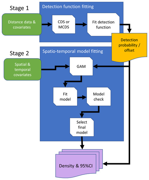 Conceptual data flowchart of the modeling framework to estimate densities and 95% confidence intervals (CI) using distance sampling (stage 1) and generalized additive model (GAM; stage 2) methods.