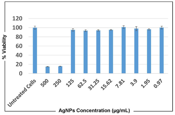 MTT cytotoxicity test results representing cell viability upon treatment with AgNPs of O. sanctum for 24 h.