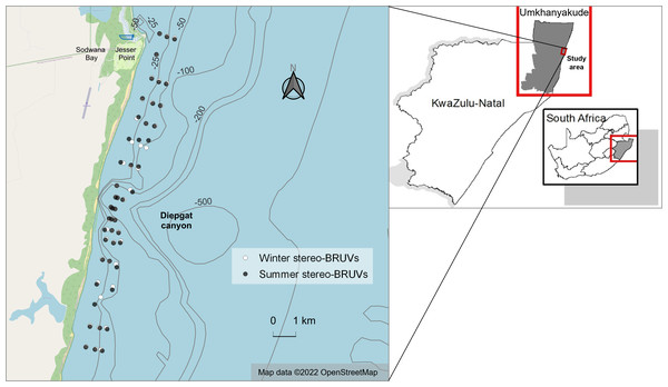 Winter and summer baited remote underwater stereo-video systems (stereo-BRUVs) sampling sites.