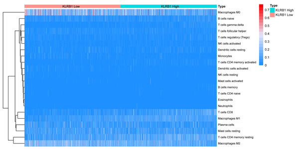 The association between 22 distinct leukocyte subsets and high and low expression groups of KLRB1 shown by heatmap.