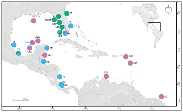 Sampling locations (see Table S1 for details), with the proportion of specimens per clade are given as pie charts.
