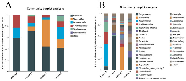The relative abundance of bacterial communities at the phylum (A) and genus (B) levels.