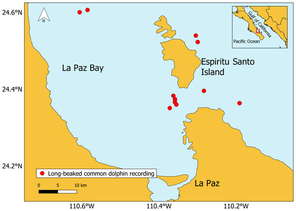 Location of the long-beaked common dolphin recordings (generated with QGIS, version 3.6.3).