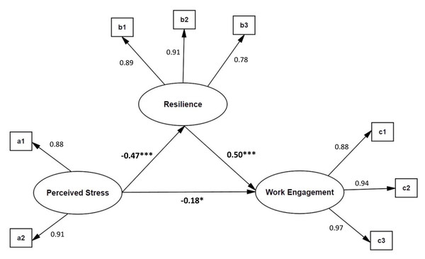 Mediating model of resilience on the relationship between perceived stress and work engagement.