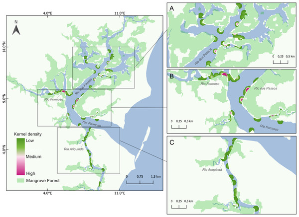 Map showing seahorse density hotspots at sampling sites in the Rio Formoso Estuary, with highlights for (A) Rio dos Passos, (B) Rio Formoso, and (C) Rio Ariquindá.