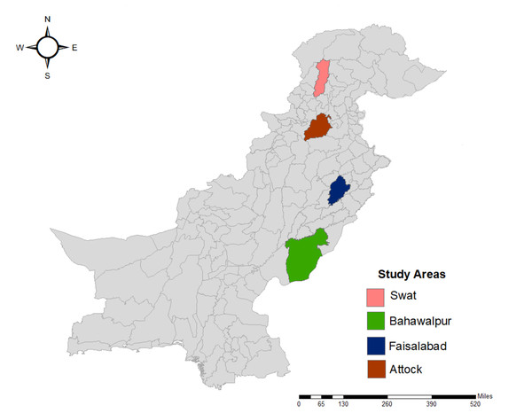 Map of Pakistan showing the locations of the four study regions (sourced from ArcGIS).
