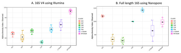 Alpha diversity index (observed) of (A) 16S V4 rRNA gene regions using Illumina iSeq 100 and (B) full length 16S rRNA genes using Nanopore sequencing.