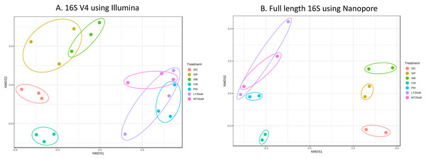 Plots of non-metric multidimensional scaling (NMDS) based on Bray-Curtix dissimilarity matrix for (A) 16S V4 rRNA gene region using Illumina iSeq 100 (F: 3.5341, r2: 0.6032, P < 0.001) and (B) full length 16S rRNA genes using N.