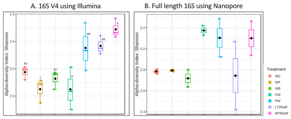 Shannon diversity index of individual samples (scatterplot) and grouped treatments (boxplot within scatterplot) of (A) 16S V4 rRNA gene regions using Illumina iSeq 100 and (B) full length 16S rRNA genes using Nanopore sequencing. Superscript letters indic.