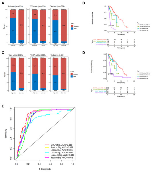 Correlation analysis of GInLncSig and IDH1 mutation status.