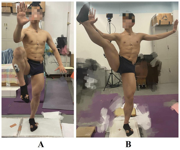 Tai Chi in two typical balancing movements: (A) knee lift balance; (B) leg stirrup balance.
