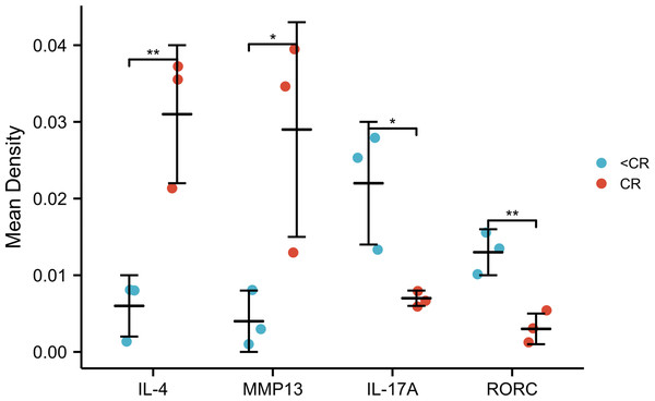 IHC mean optical density values IOD/area of the CR and <CR groups.