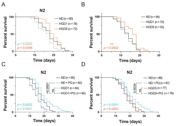 Paraquat eliminates the lifespan extension effect of HGD on aged worms.