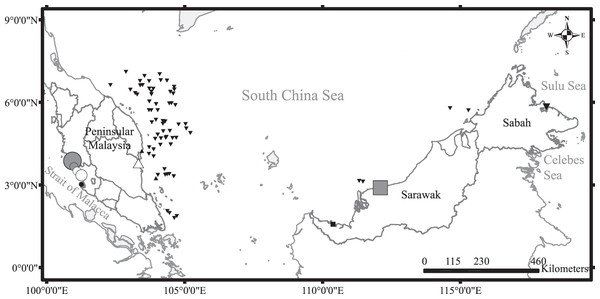 Sampling sites around Malaysia with symbols indicating diversity of species sampled (number of species and individuals per species).