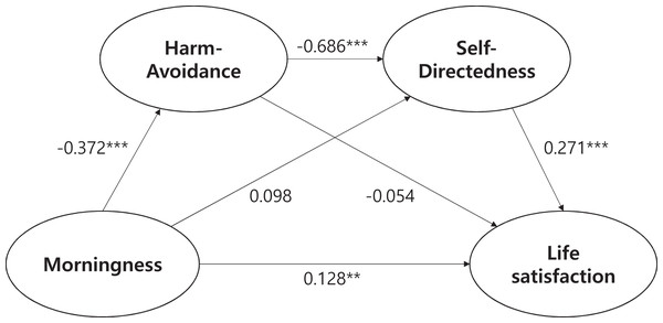 Sequential mediation of the relationship between morningness and life satisfaction by harm avoidance and self-directedness.