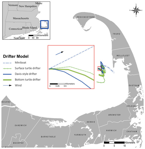 Drifter tracks following the 19 November 2019 deployment in Cape Cod Bay, Massachusetts.