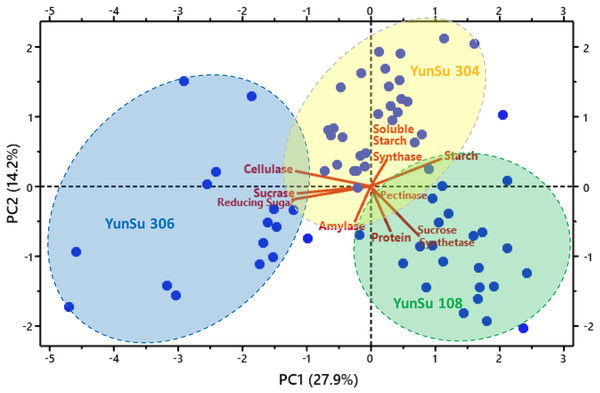  Principal component analysis (PCA) plot showing three varieties of potatoes and associated variables’ clusters.