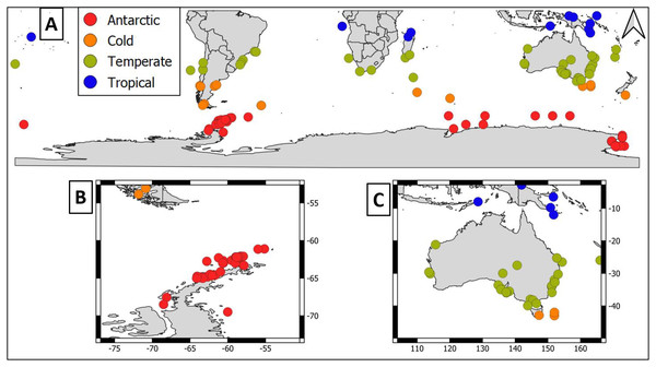Latitudinal distribution of marine microbiome studies in the Southern Hemisphere.