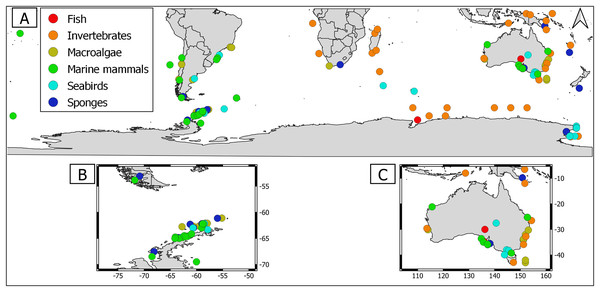 Distribution of marine host microbiome studies in the Southern Hemisphere.