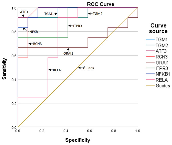 The ROC curves and AUCs of the six genes.