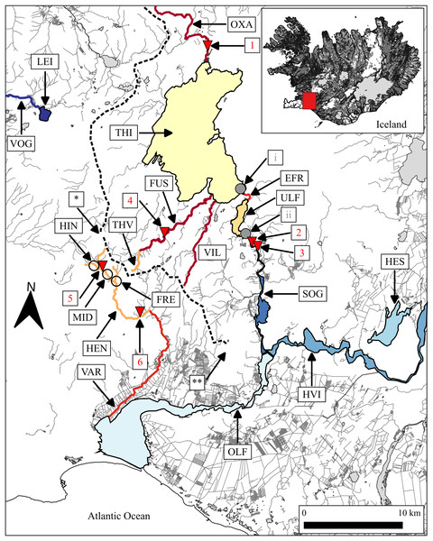 Map showing rivers and lakes where the sampling of brown trout was conducted.