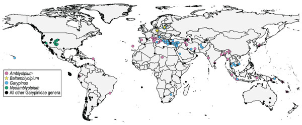 Distribution of Garypinidae Daday, 1889, highlighting relevant genera (color) with previously described extant (circles) and fossil (crosses) species, and the two new fossil species (stars), Baltamblyolpium gizmotum sp. nov. and Baltamblyolpium grabenhorsti sp. nov.