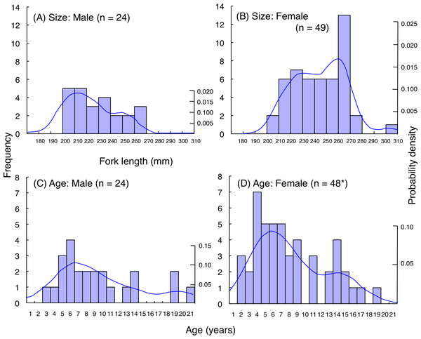 (A–D) Size and age frequency of Lutjanus decussatus individuals that were captured at the aggregation site.