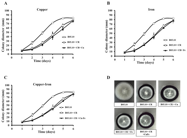 (A–D) Effect of the metals and Congo red on the cell wall in B. cinerea.