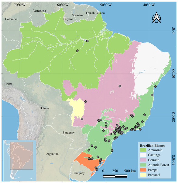 Occurrence records of Drymaeus (Mesembrinus) interpunctus in different Brazilian biomes, obtained through an intensive search in the literature, biodiversity databases, and malacological collections.
