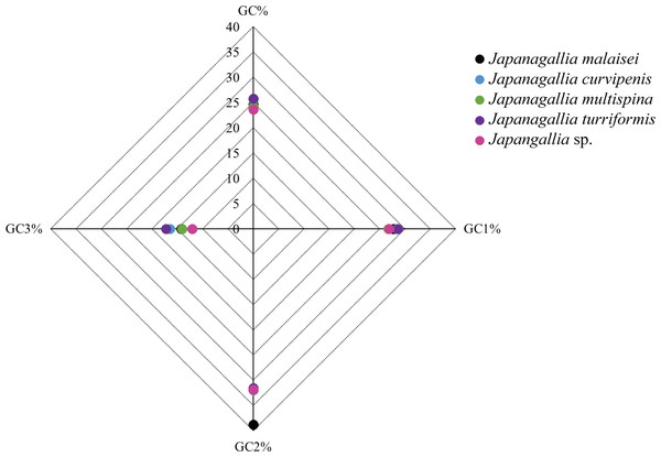 Comparative analysis of GC contents in five Japanagallia species for 13 mitochondrial protein-coding genes.