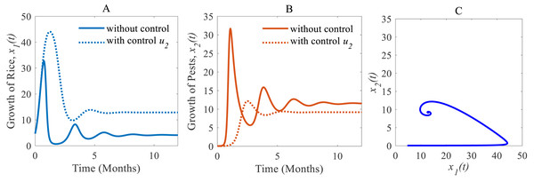 Time series of the annual production of rice and pest population when only chemical controls are adopted as a control strategy.
