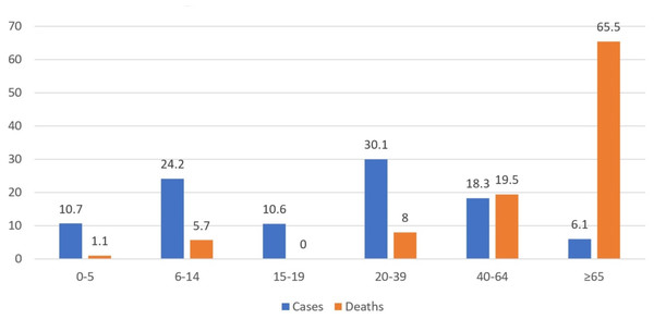Distribution of cases and deaths by age (%).