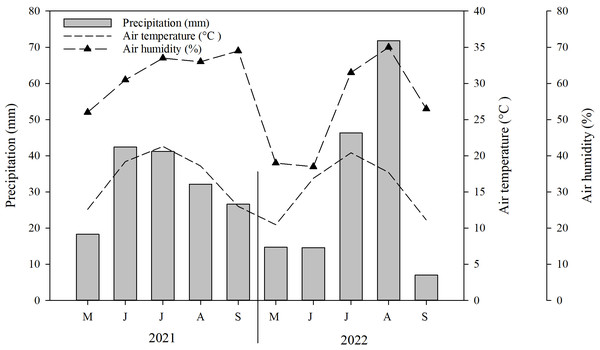 Mean monthly precipitation (bar), air temperature (dotted line) and air humidity (broken, dotted line) in the experimental site during the conduct of the experiment (i.e., May–September 2021–2022).