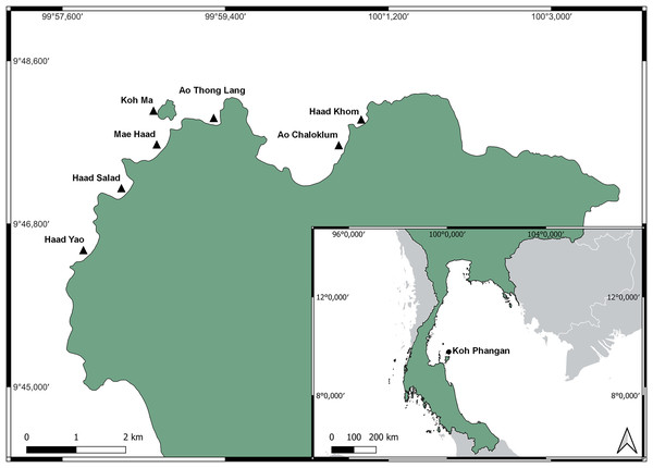 Location of Koh Phangan in the Gulf of Thailand (small map) and locations of the seven surveyed reefs around the North-west coast of Koh Phangan (large map).