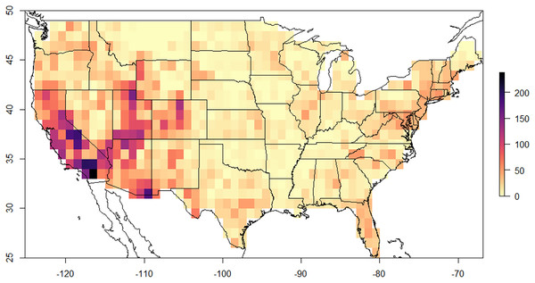 60 × 60 km resolution (3,600 km2) of Megachilidae species diversity across the lower 48 United States.