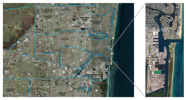 Map of Broward County Florida depicting the canals, Intracoastal Waterway, and Port Everglades.
