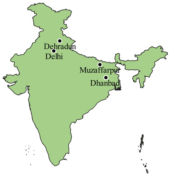 Map showing the study locations in India.