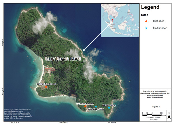 Map of four sampling sites on Lang Tengah island.